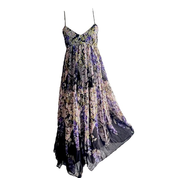 Anthropologie Purple Floral Maxi Patch Layer Strappy V-Neck Black Maxi Dress | 2 - Picture 6 of 12